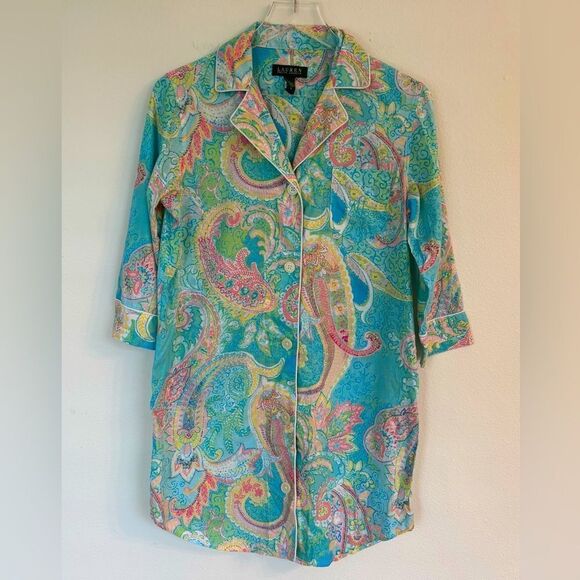 Lauren Ralph Lauren Pastel Paisley Print Sleep Shirt Button Front Size Small - Picture 1 of 10